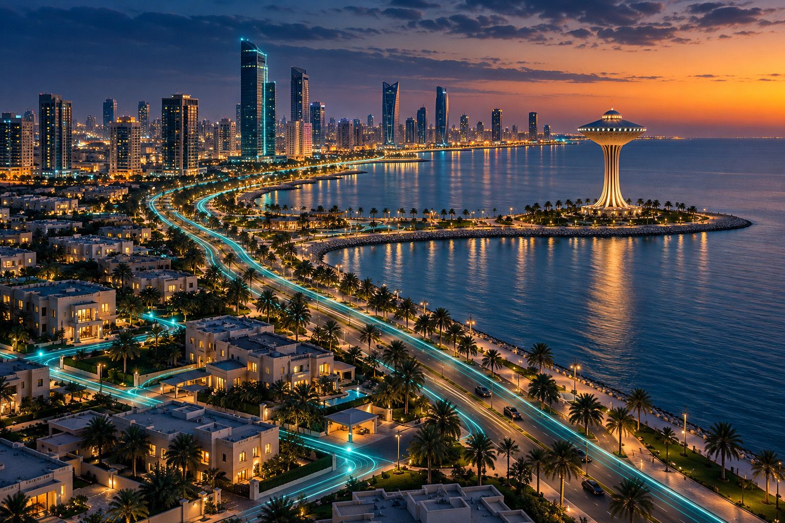 رسم توضيحي لواجهة الخبر والدمام البحرية على الخليج العربي وخطوط ضوء الألياف تمتد إلى المجمعات السكنية