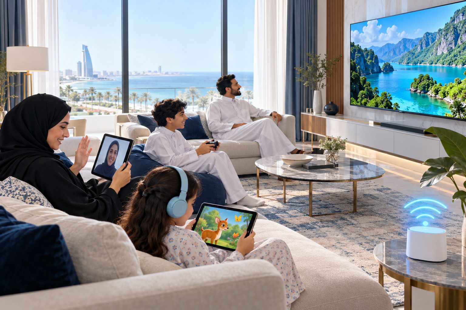 صورة توضيحية لأسرة في منزلها تستخدم البث والألعاب ومكالمة فيديو في الوقت نفسه