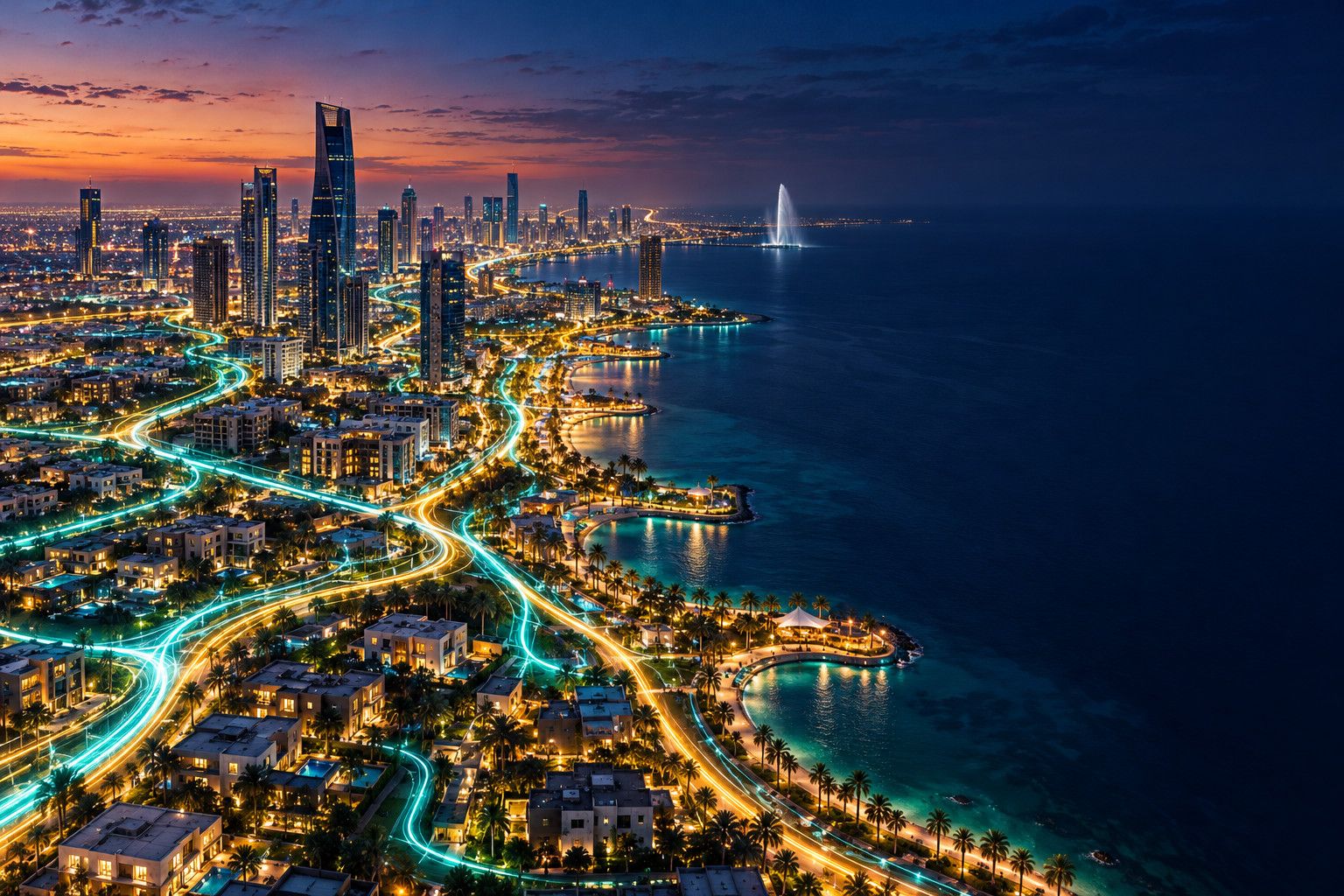 رسم توضيحي لكورنيش جدة ونافورة الملك فهد عند الغروب وخطوط ضوء الألياف البصرية تمتد إلى المنازل