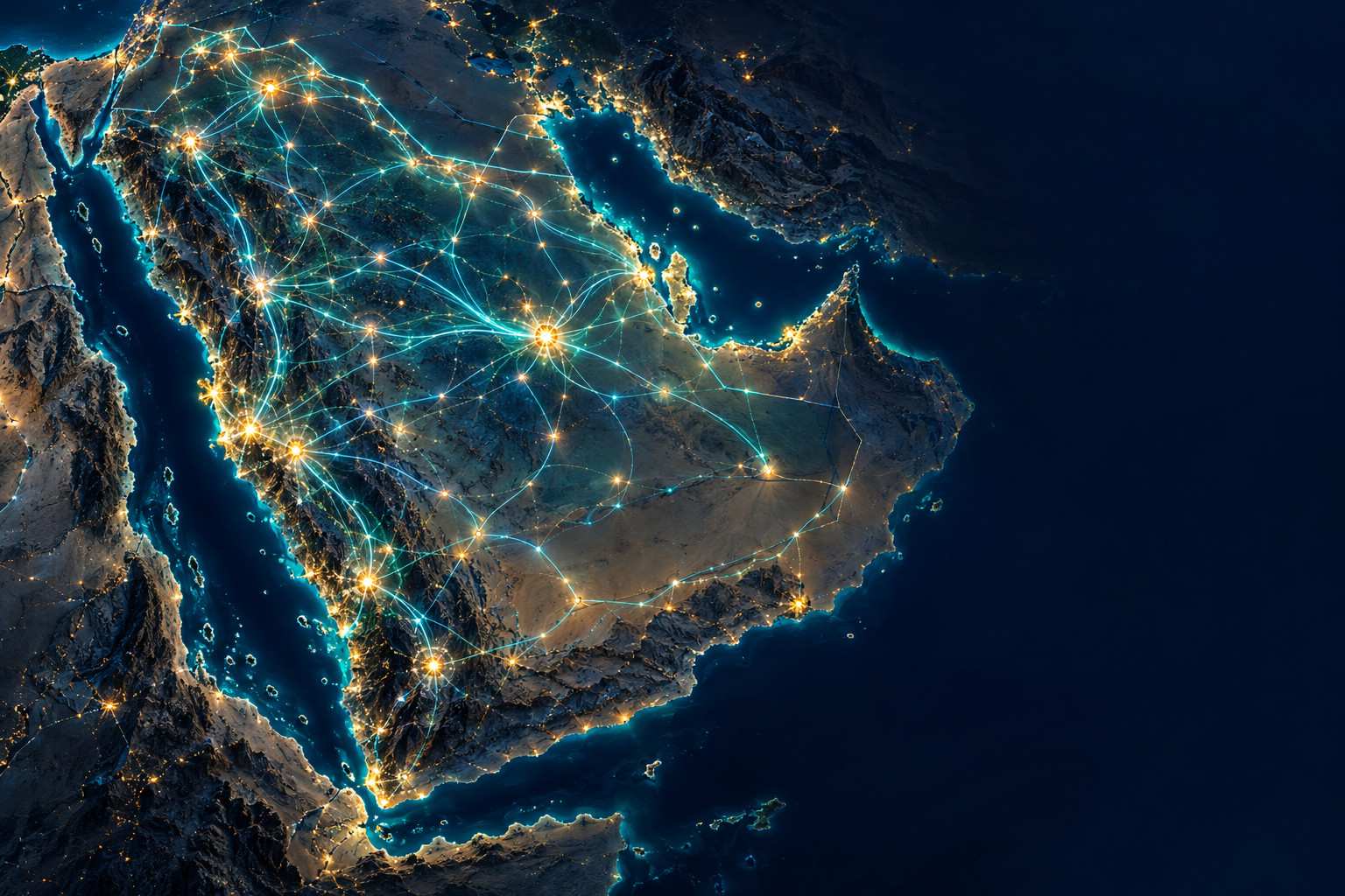 Illustration: map of Saudi Arabia lit by a fiber-optic network connecting its cities