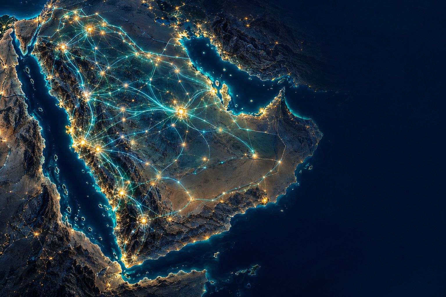 رسم توضيحي لخريطة المملكة تضيئها شبكة ألياف بصرية تربط المدن