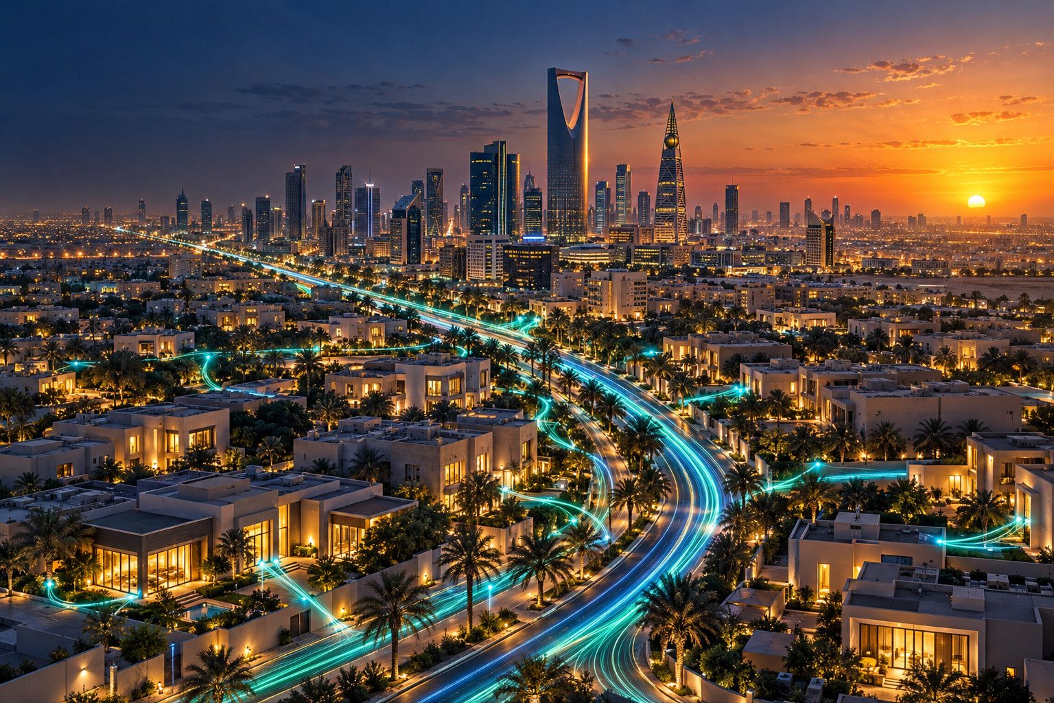 رسم توضيحي لأفق الرياض عند الغروب وخطوط ضوء الألياف البصرية تمتد في الشوارع إلى الأحياء السكنية