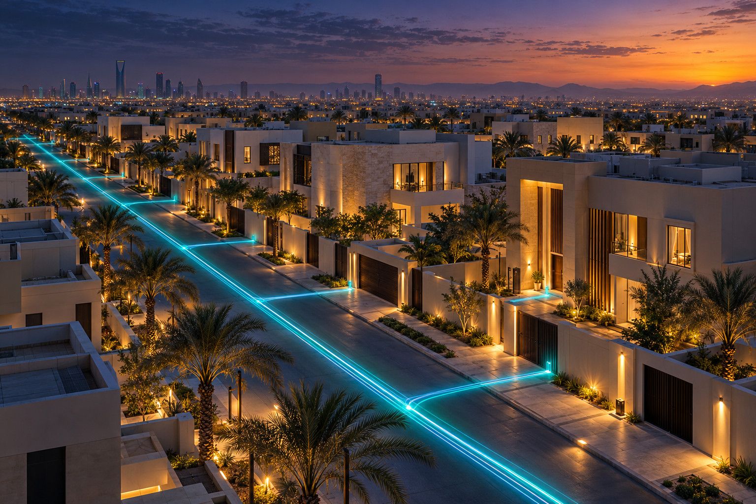 رسم توضيحي لحي سكني سعودي حديث وخطوط ضوء الألياف تتفرع إلى المنازل